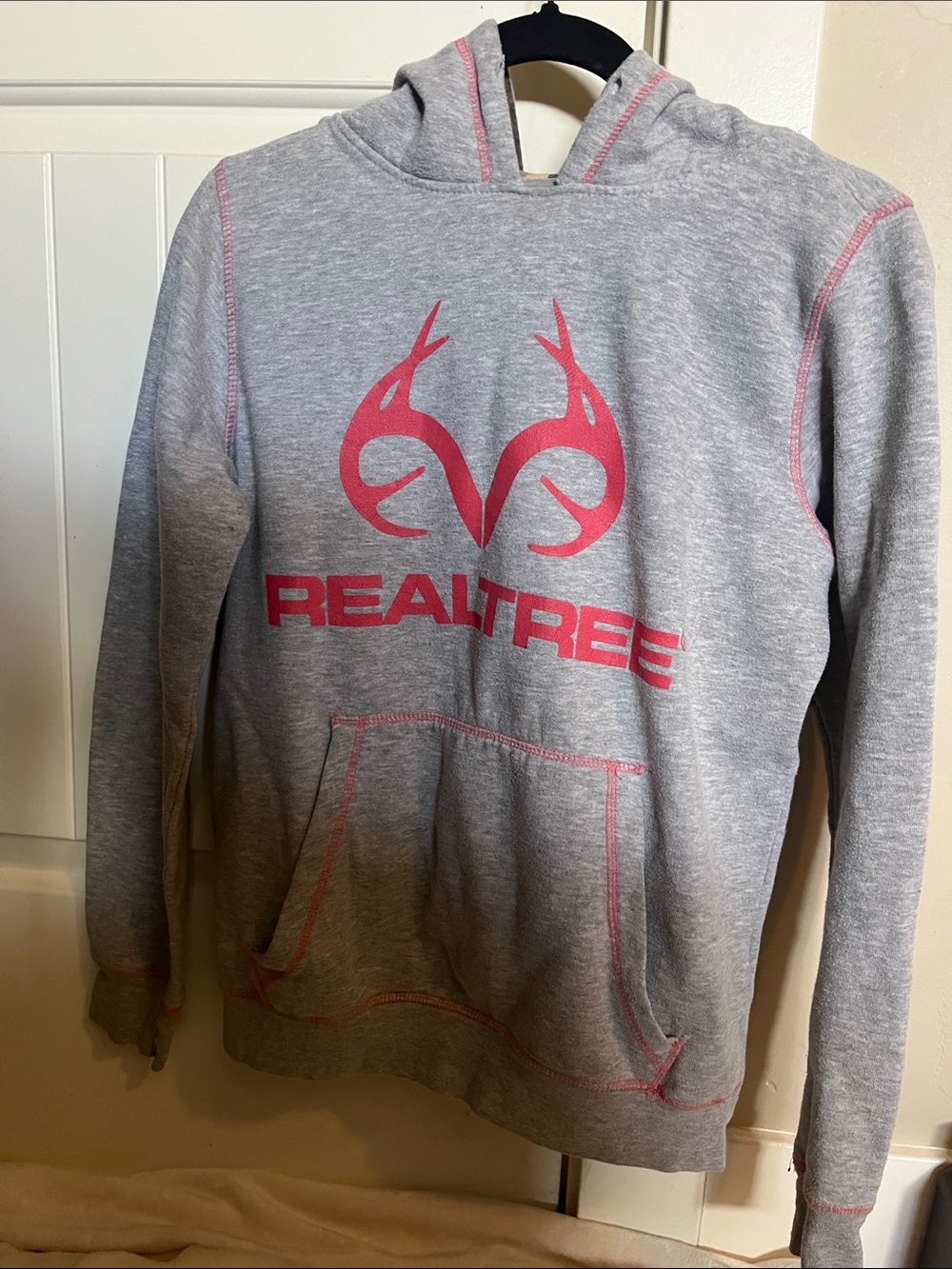 Realtree Gray Hoodie with Pink Logo and Stitching